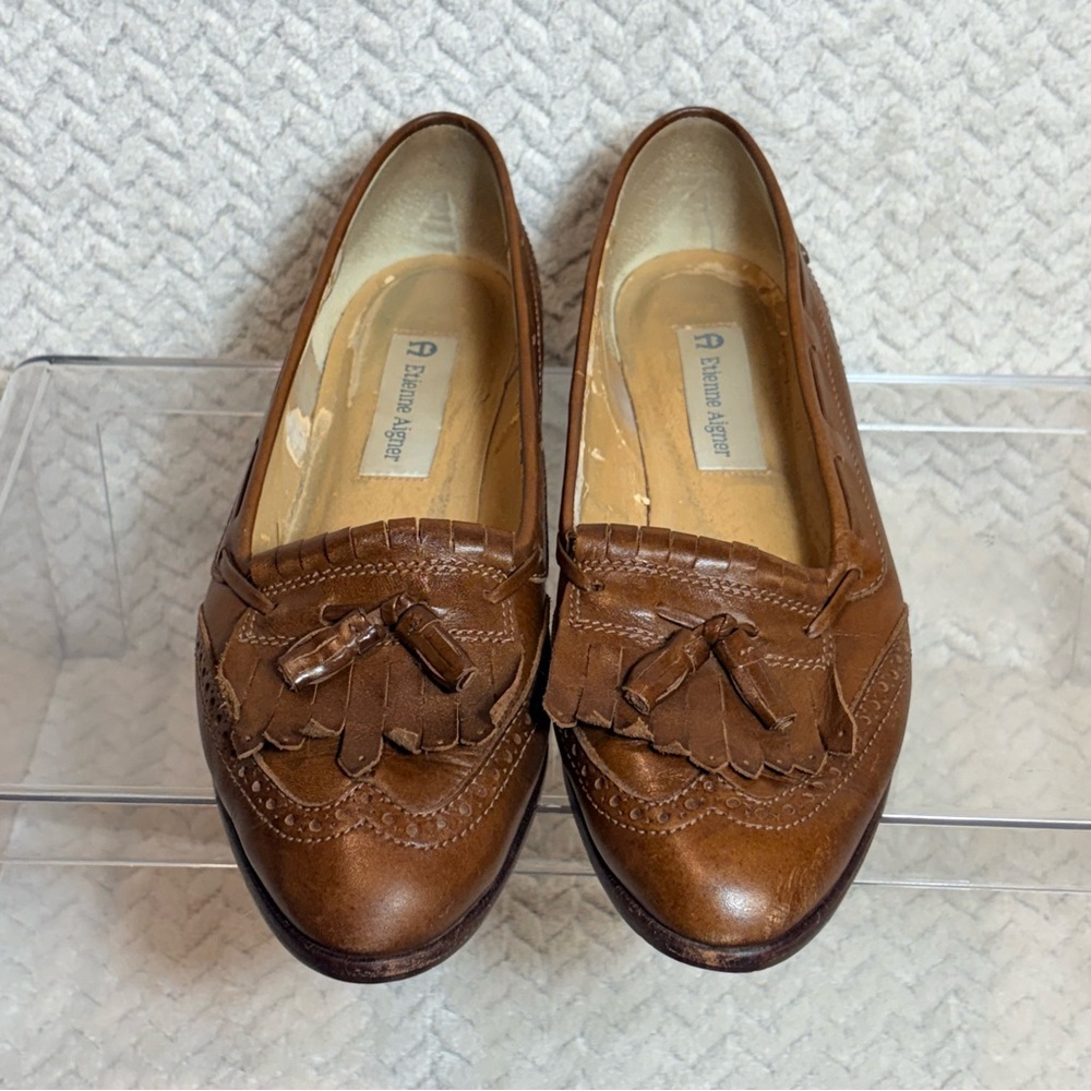 Vintage Etienne Aigner Womens 8M Brown Leather Brogue Kiltie‎ Preppy Loafers